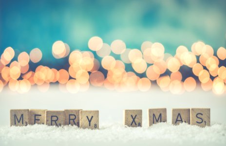 Merry Xmas Scrabble Blocks With Yellow Light Bokah