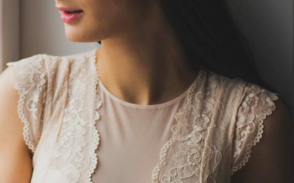 Woman In White Lace Crew-neck Cap-sleeves Top photo