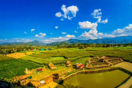 Rice Field With Mountain And Houses During Cloudy Day photo