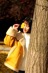 Woman Wearing Yellow Jacket Holding Yellow Leaf photo