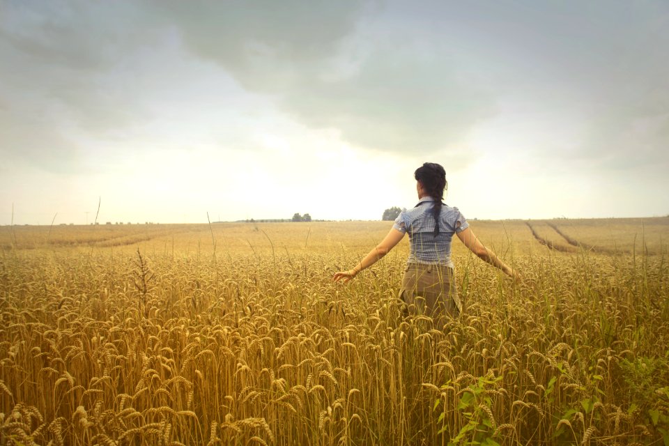 Woman Standing On Rice Field During Cloudy Day