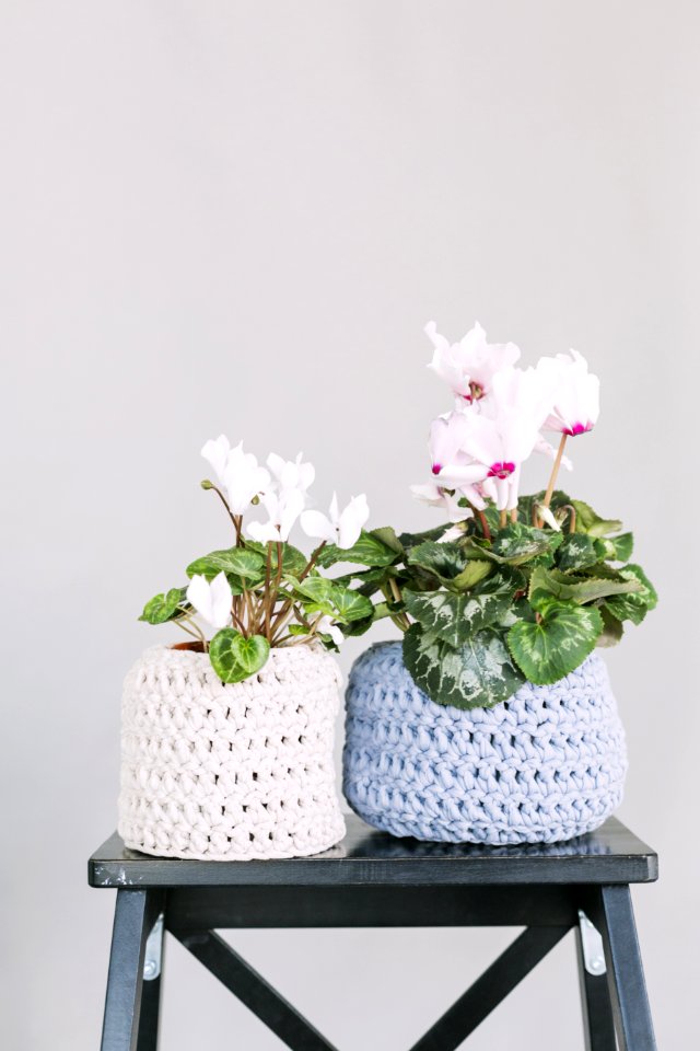 Two White And Blue Crochet Flower Pot