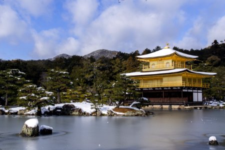 Temple Near Body Of Water Surrounded By Trees With Mountain Background photo