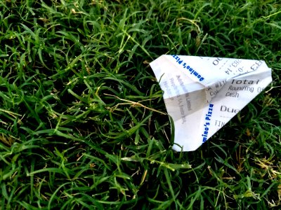 Receipt Folded Into Paper Plane On Grass