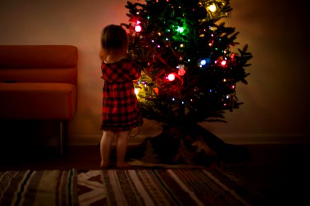 Girl In Red And Black Dress Standing In Front Of Christmas Tree Inside Room photo