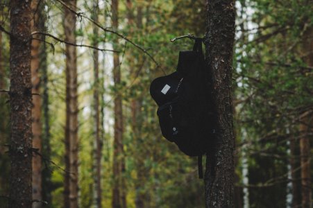 Black Backpack Hanging On Tree