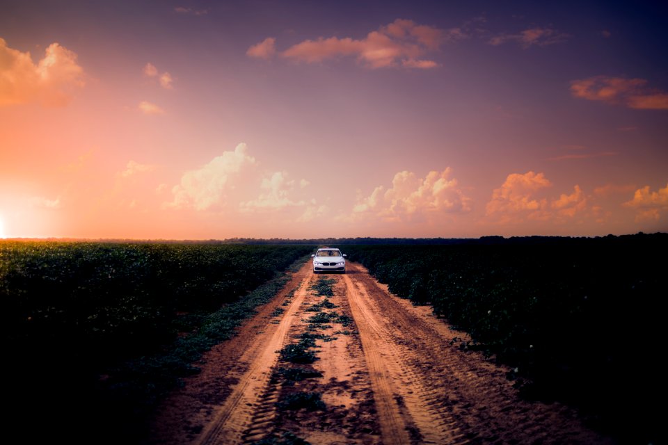 White Car On Dirt Road In The Middle Of Grass Field