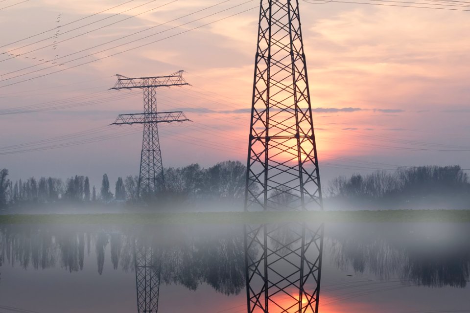 Transmission Tower Overhead Power Line Reflection Sky