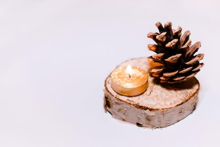 Brown Pine Cone Nut Beside Tealight Candle photo
