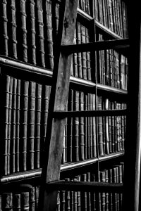 Grayscale Photography Of Ladder Near Bookshelf