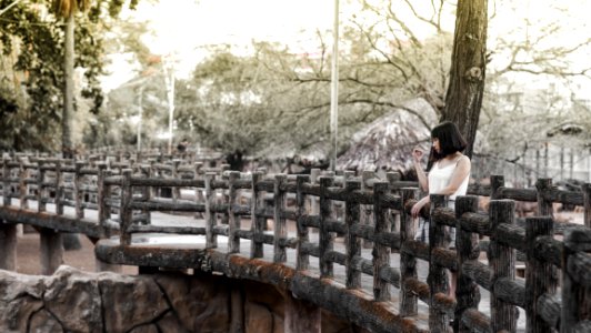 Woman In White Shirt Standing On Black Bridge photo