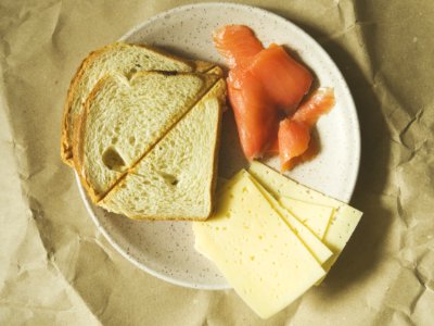 Bread Cheese And Raw Meat On Plate photo