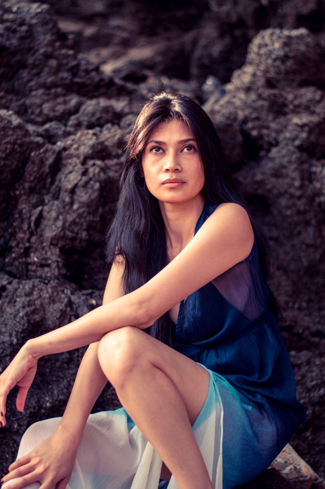 Woman In Blue And White V-neck Dress