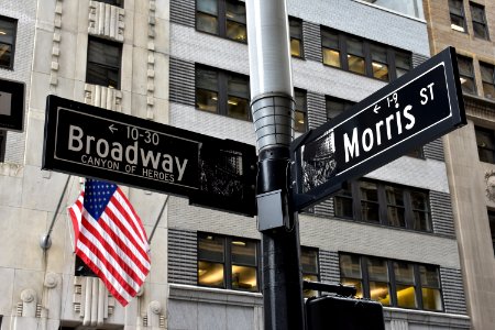 Grey And Black Broadway And Morris Street Signage Near Us Flag