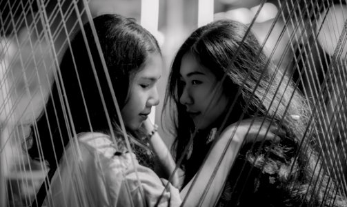 Grayscale Photography Of Two Girls photo