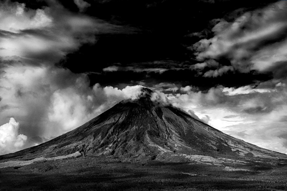 Gray Scale Photo Of Active Volcano
