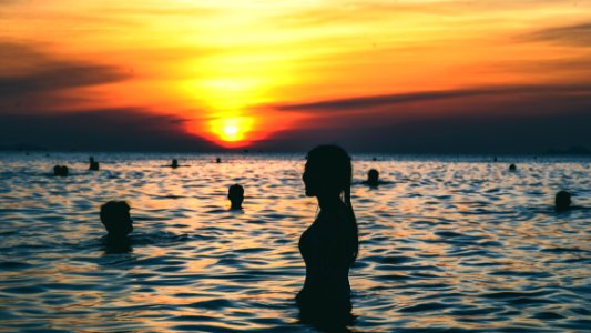 Silhouette Photography Of People Swimming On The Beach During Golden Hour photo