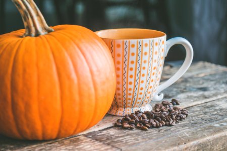 Orange Pumpkin Near White Ceramic Mug With Seeds photo