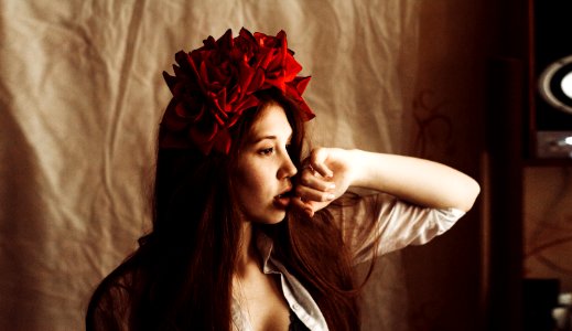 Photography Of A Woman Wearing Red Flower Headdress photo