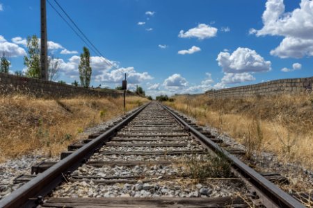 Railroad Track Amidst Trees Against Sky photo