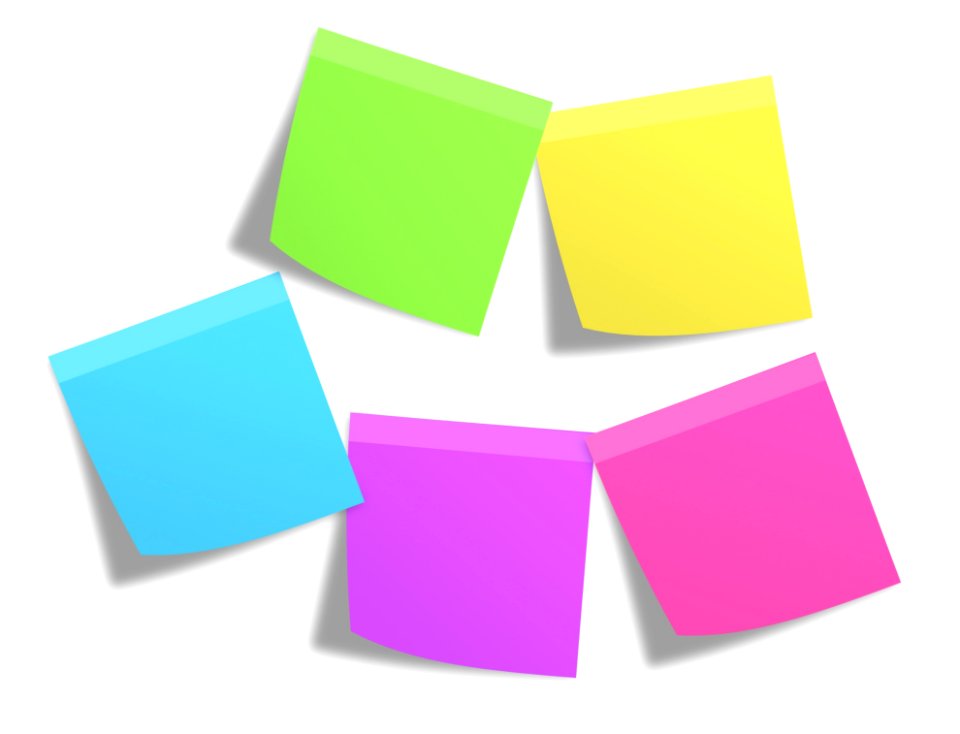 Pink Green Yellow Blue And Purple Sticky Note Mounted On White Painted Wall