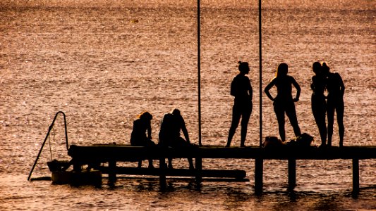 Silhouette Of 6 Person On Dock Near The Calm Body Of Water