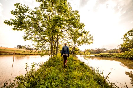 Person In Blue Denim Jacket And Brown Pants Standing On Green Grass In Front Green Leaved Trees Between River Under Sunny Sky