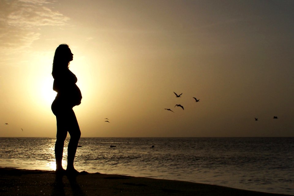 Silhouette Of Pregnant Standing On Seashore During Golden Hour photo