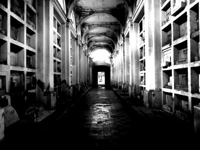 Grayscale Photo Of Cemetery Hall photo