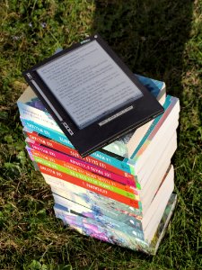 Blue Pink Gray And Green Labeled Hardbound Book Pile On Green Grass During Daytime photo