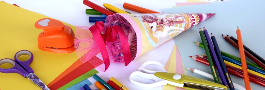 Yellow Blue Black Purple Red And Brown Coloring Pencil Near On White And Green Scissors