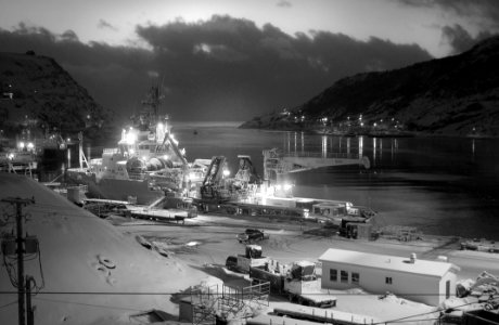 Ship Near On Dock In Grayscale Photography photo