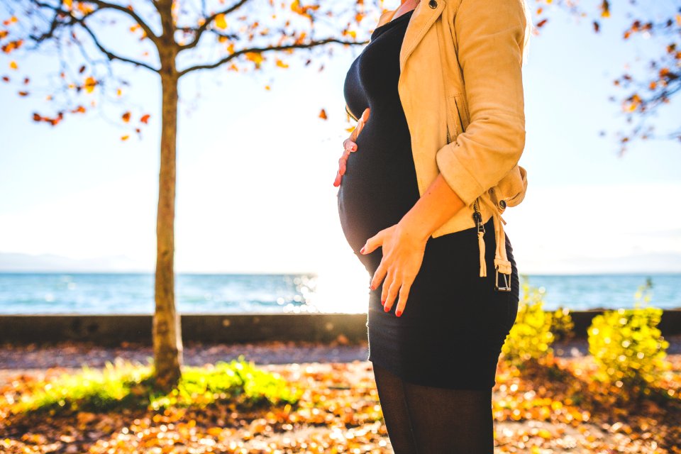 Pregnant Woman Wearing Beige Long Sleeve Shirt Standing Near Brown Tree At Daytime