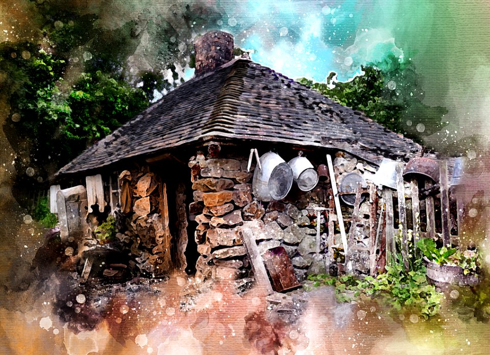 Watercolor Paint House Painting Tree