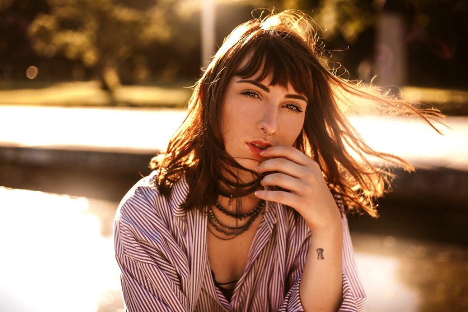 Woman In Red And White Stripes Top Photo