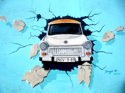 White Car Crash In Blue Wall Signature Painting photo