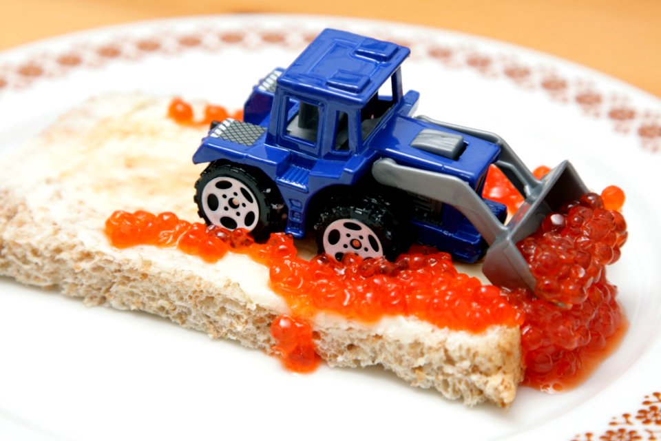 Blue And Gray Excavator On Top Of Bread photo