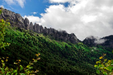 Green Trees And Mountains Under White And Blue Clouds photo