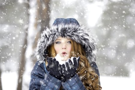 Woman Wearing Fur Hood In A Snow Storm photo