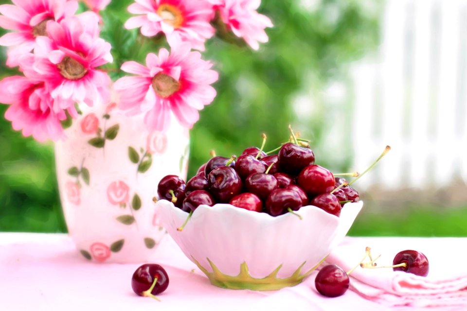 Fresh Cherries And Flowers
