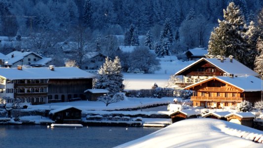 Houses On Lake Coast In Winter photo