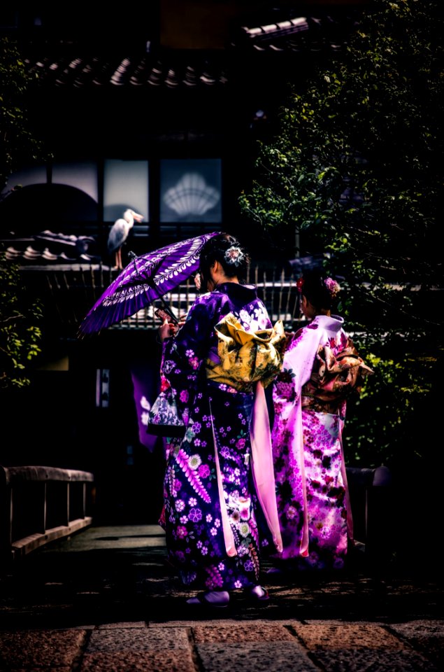 Women In Kimono Robes In Garden