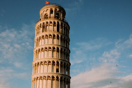 PISA TOWER WITH BIRDS AND PLANE