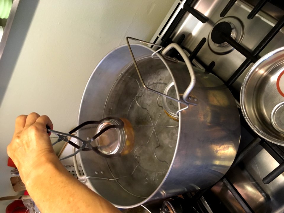 Lowering Filled Jam Jars Into Boiling Water Bath Canner