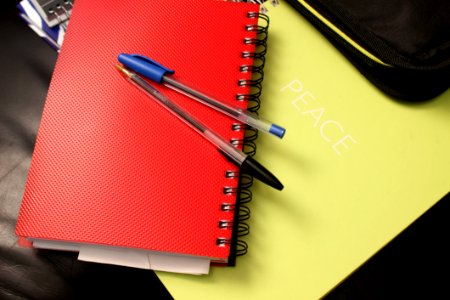 Blue And Black Ball Point Pens On Red Hand Book