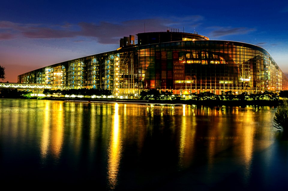 Waterfront Illuminated At Night Strasbourg Austria