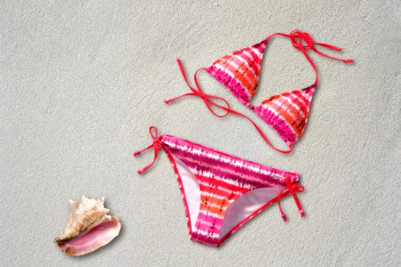 Orange Pink White Stripe Bikini Near Shell On Sand Beach photo