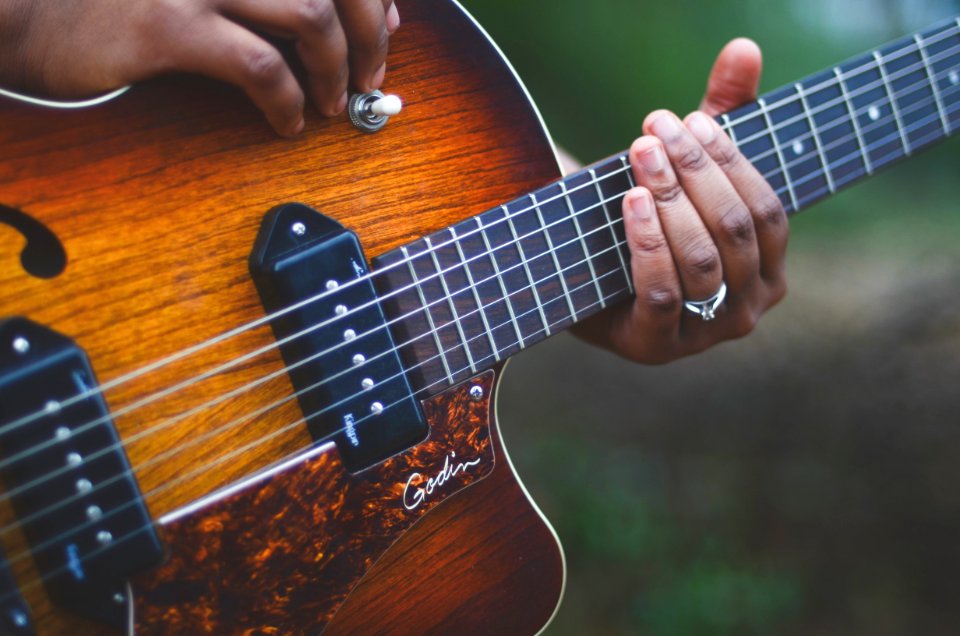 Person Holding Brown And Black Electric Guitar