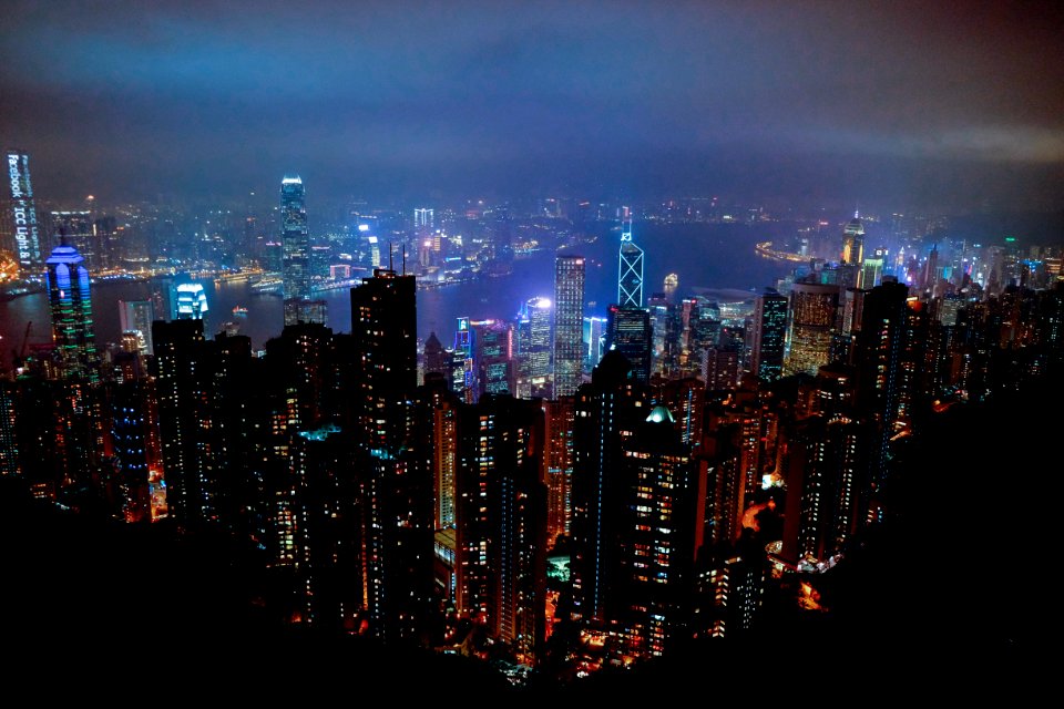 Aerial View Of City Skyline At Night
