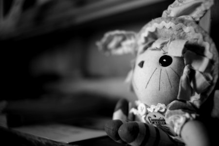 Grayscale Photography Of Cartoon Character Plush Toy photo